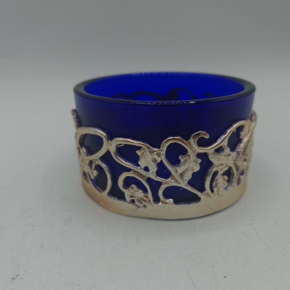 Vintage Cobalt Blue Glass Bowl with Silver Overlay 3.5" Wide - Picture 3 of 6